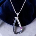 Sri Lanka Map Pink Sapphire Silver Outline Pendant